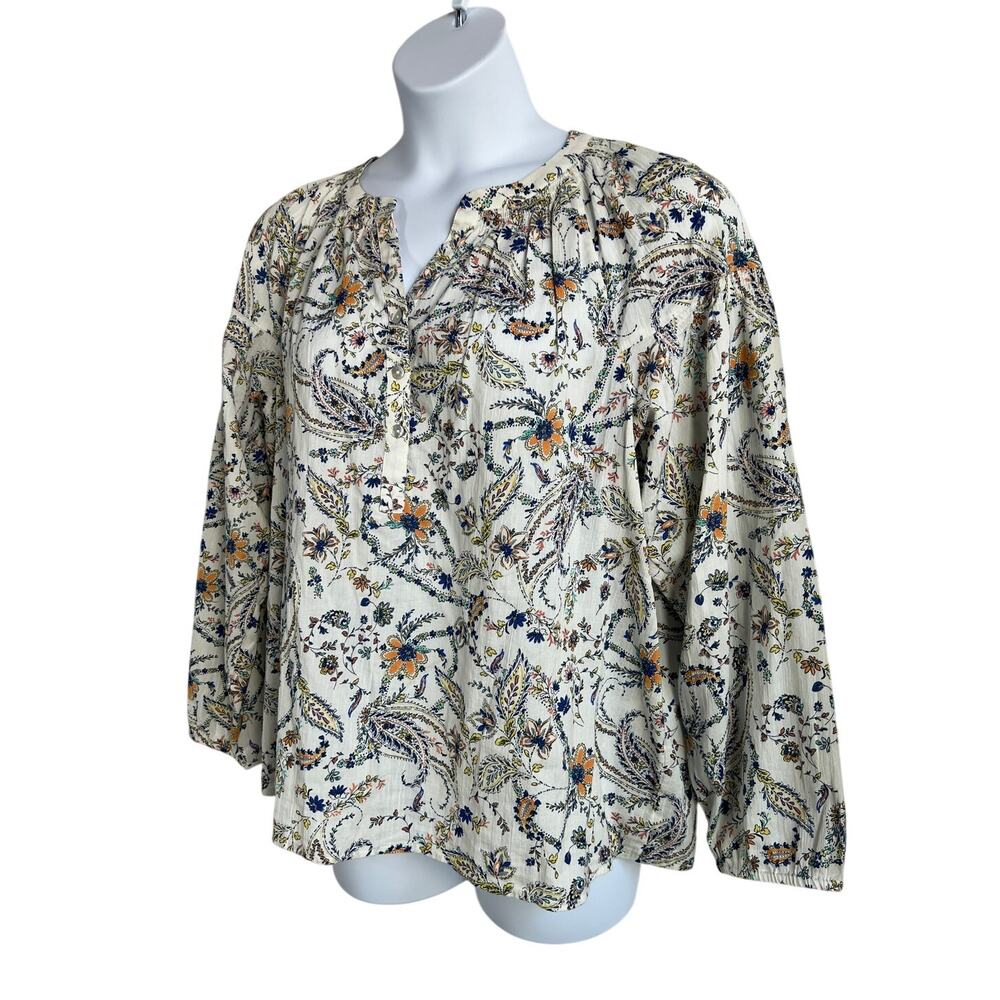 J. JILL TOP WOMENS LARGE 100% COTTON FLORAL POPOVER BLOUSE WHITE MULTI BOHO - Picture 9 of 12